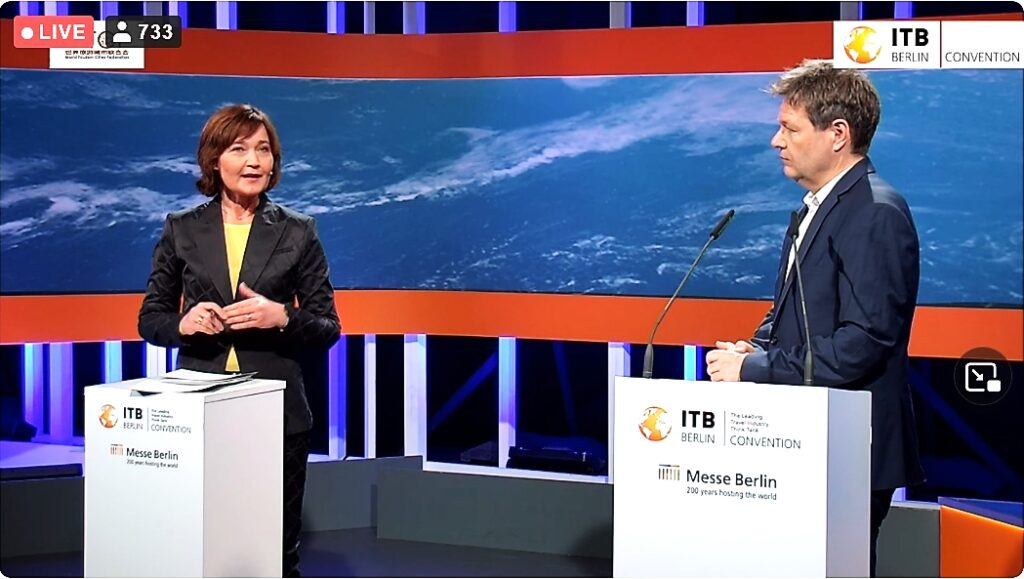 ITB: GERMANY FEDERAL MINISTER FOR ECONOMY AND CLIMATE PROTECTION ROBERT HABECK PLEADING FOR MORE SUSTAINABLE TOURISM BEHAVIOUR 1 ITB: GERMANY FEDERAL MINISTER FOR ECONOMY AND CLIMATE PROTECTION ROBERT HABECK PLEADING FOR MORE SUSTAINABLE TOURISM BEHAVIOUR